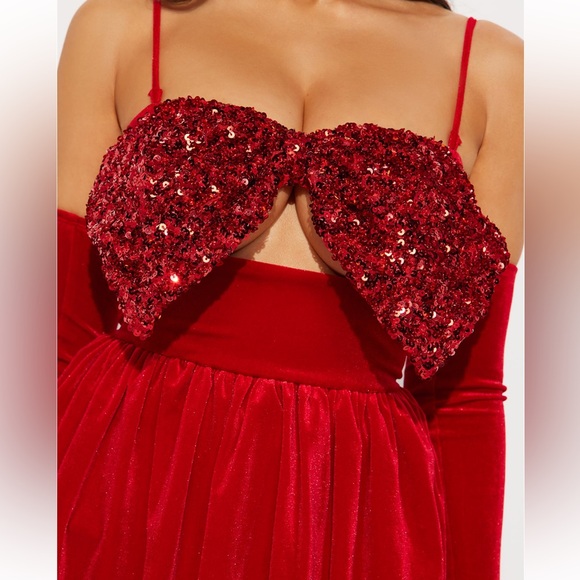 Clara Velvet Bubble Dress Set - Red NWT Fashion Nova - Picture 3 of 6